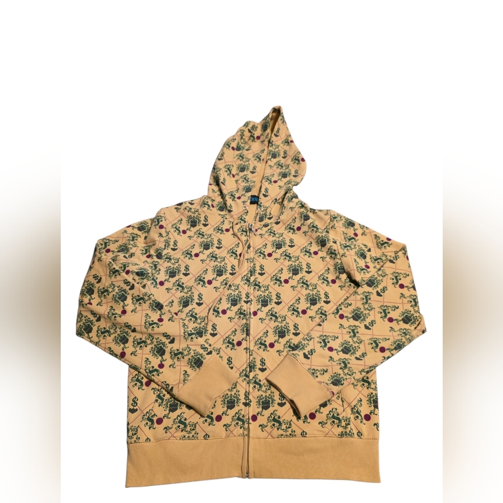 Reverse Graphic Dollar Signs Print Tan Full Zip Hoodie Size L EUC Streetwear